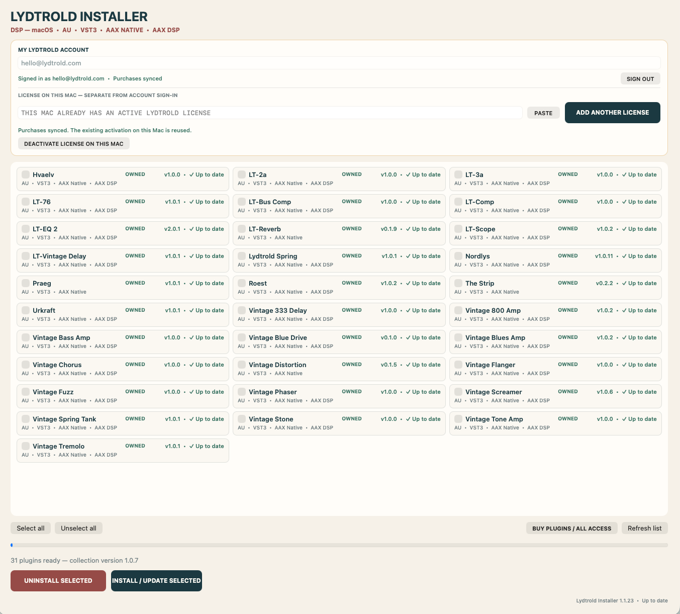 The real Lydtrold Installer showing the signed-in account, installed plug-ins, versions and update status
