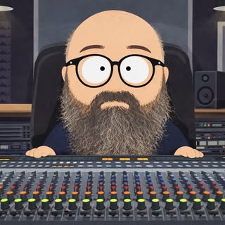 Illustrated portrait of Søren Griepentrog behind a mixing console